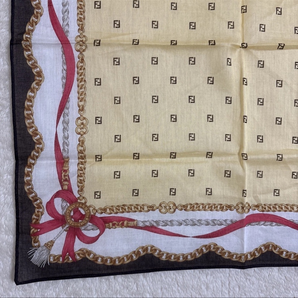 FENDI Cotton Scarf 17inches Chain Ribbon Logo Border Elegant - Picture 5 of 9